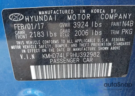 2017 Hyundai Elantra Se from USA, damaged, VIN KMHD74LF9HU392982